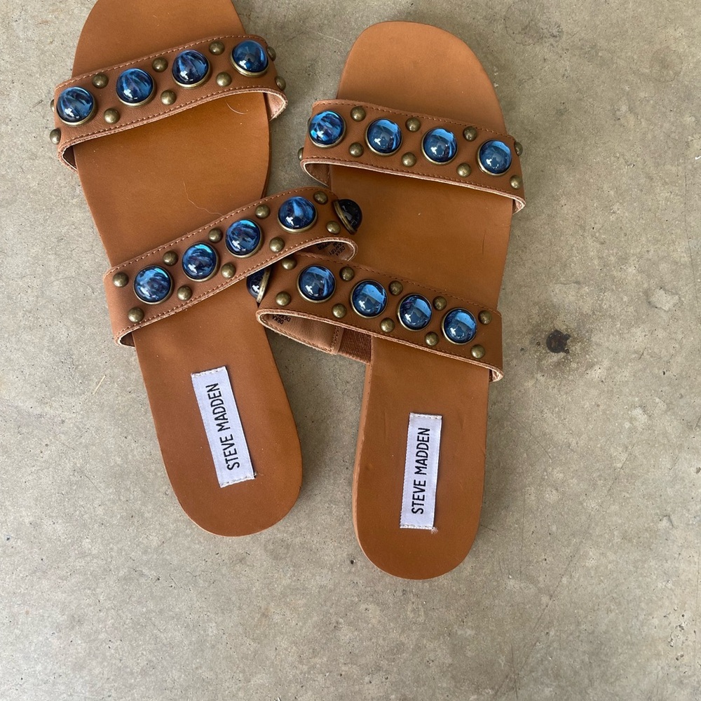 Steve Madden Tan Sandals with Blue Embellishments